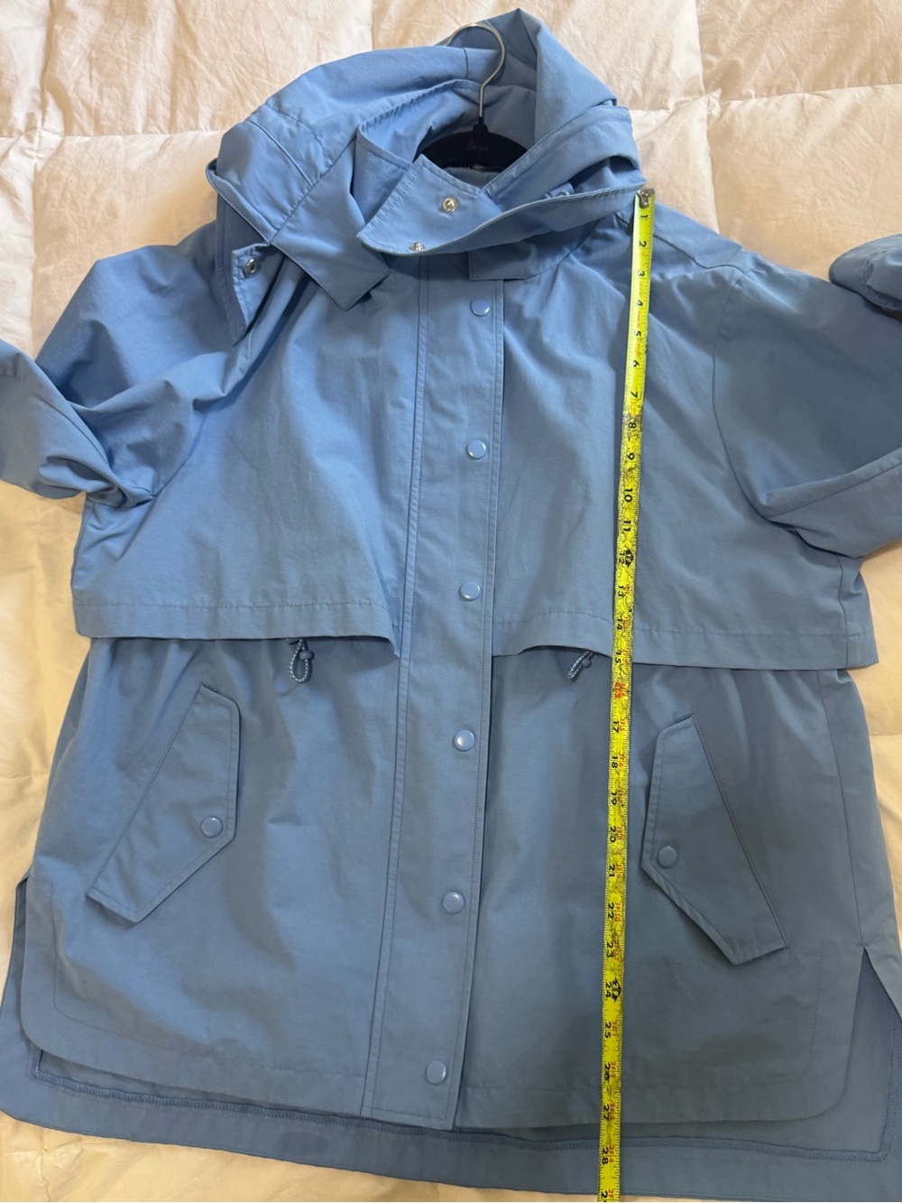 J.Crew Re-Imagined Women’s Blue Hooded Rain Coat Snap/Zip Mid-Length M - Picture 12 of 15
